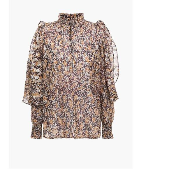 MAJE Cold-Shoulder Printed Metallic Fil Coupé Top Long Sleeve Ruffle Blouse Sz 3 - Picture 3 of 10
